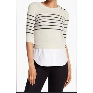 Veronica Beard Sweater Cashmere Silk Short Sleeve Beige Stripe Combo